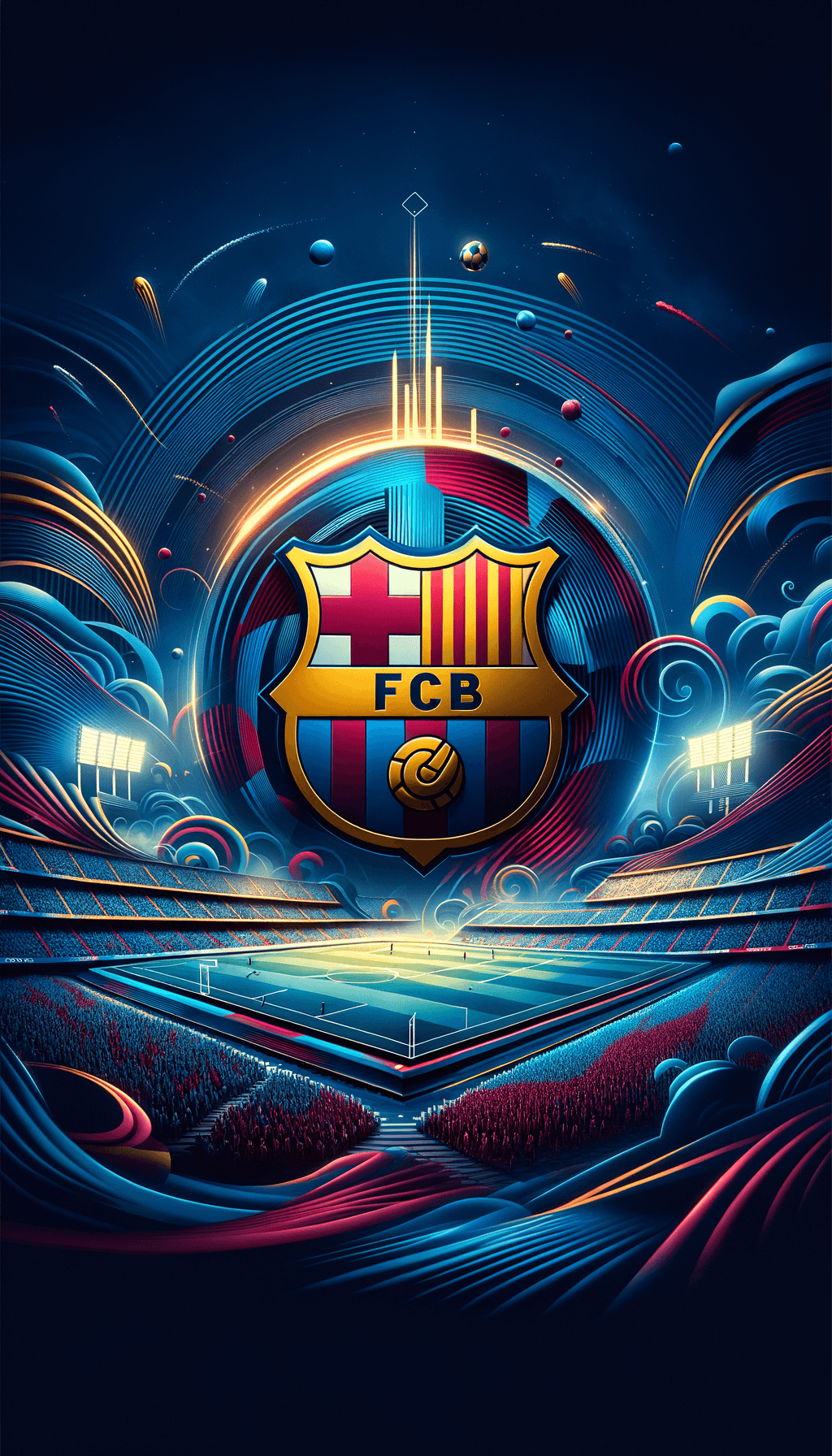 A dynamic wallpaper featuring the FC Barcelona club logo at the center, radiating vibrant blue and maroon team colors. The background should include subtle design elements like abstract waves or geometric patterns inspired by the Camp Nou stadium. Integrate iconic football imagery such as a football pitch, and faint silhouettes of cheering fans, all blending seamlessly into the backdrop. The logo should have a slight glowing effect, giving it prominence and energy, while the overall style should feel bold, modern, and inspiring, celebrating the team's rich history and culture.