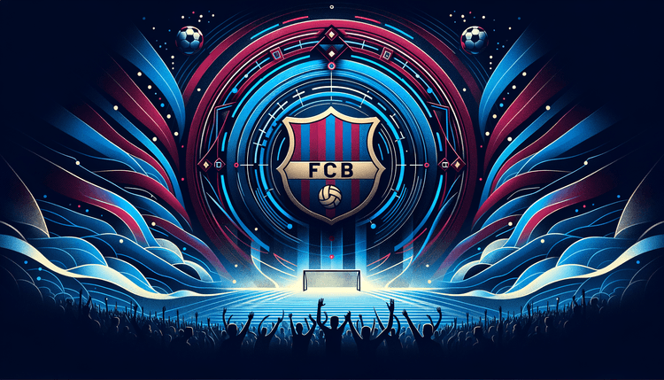 A dynamic wallpaper featuring the FC Barcelona club logo at the center, radiating vibrant blue and maroon team colors. The background should include subtle design elements like abstract waves or geometric patterns inspired by the Camp Nou stadium. Integrate iconic football imagery such as a football pitch, and faint silhouettes of cheering fans, all blending seamlessly into the backdrop. The logo should have a slight glowing effect, giving it prominence and energy, while the overall style should feel bold, modern, and inspiring, celebrating the team's rich history and culture.